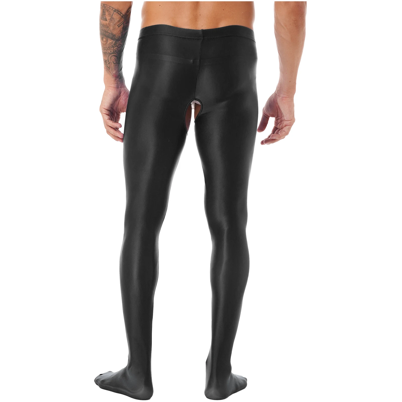Men Glossy Crotchless Pantyhose High Waist Oil Shiny Tight Leggings Wet Look Open Crotch Pants Stockings Lingerie Sexy Nightwear