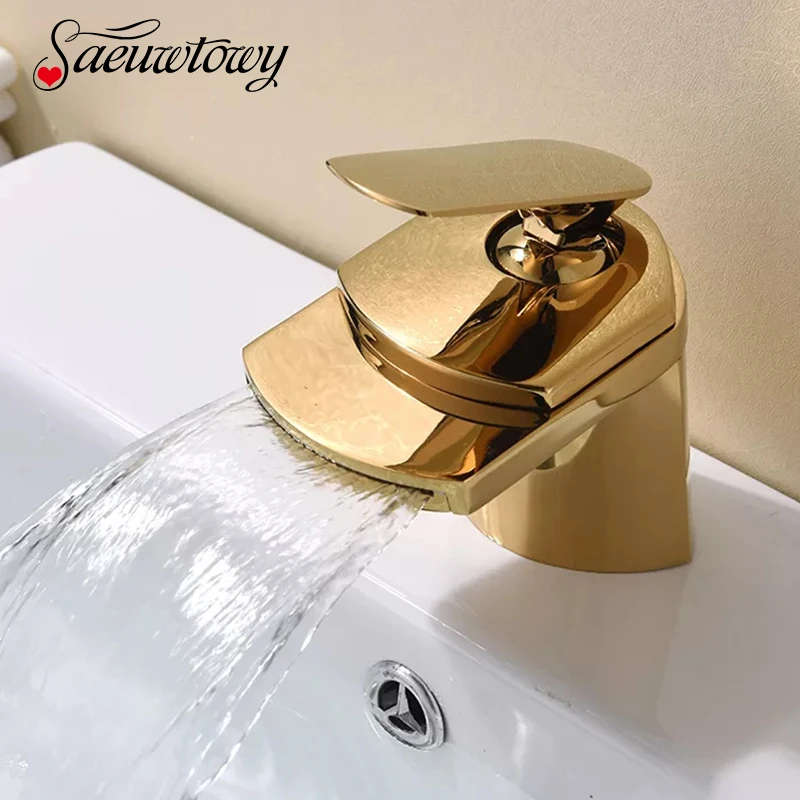 Waterfall Basin Faucet Deck Mounted Brass Hot And Cold Water Faucet Bathroom Simple Sink Mixer Taps Crane