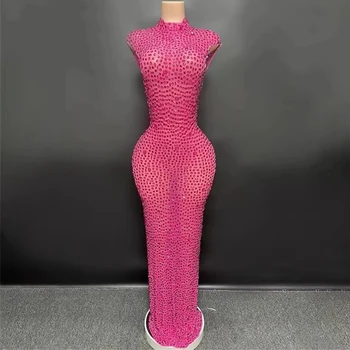 Sparkly Rhinestone Sleeveless Stretchy Mesh See Through Long Dress Women Luxury Evening Prom Gown Singer Dancer Show Stage Wear 1