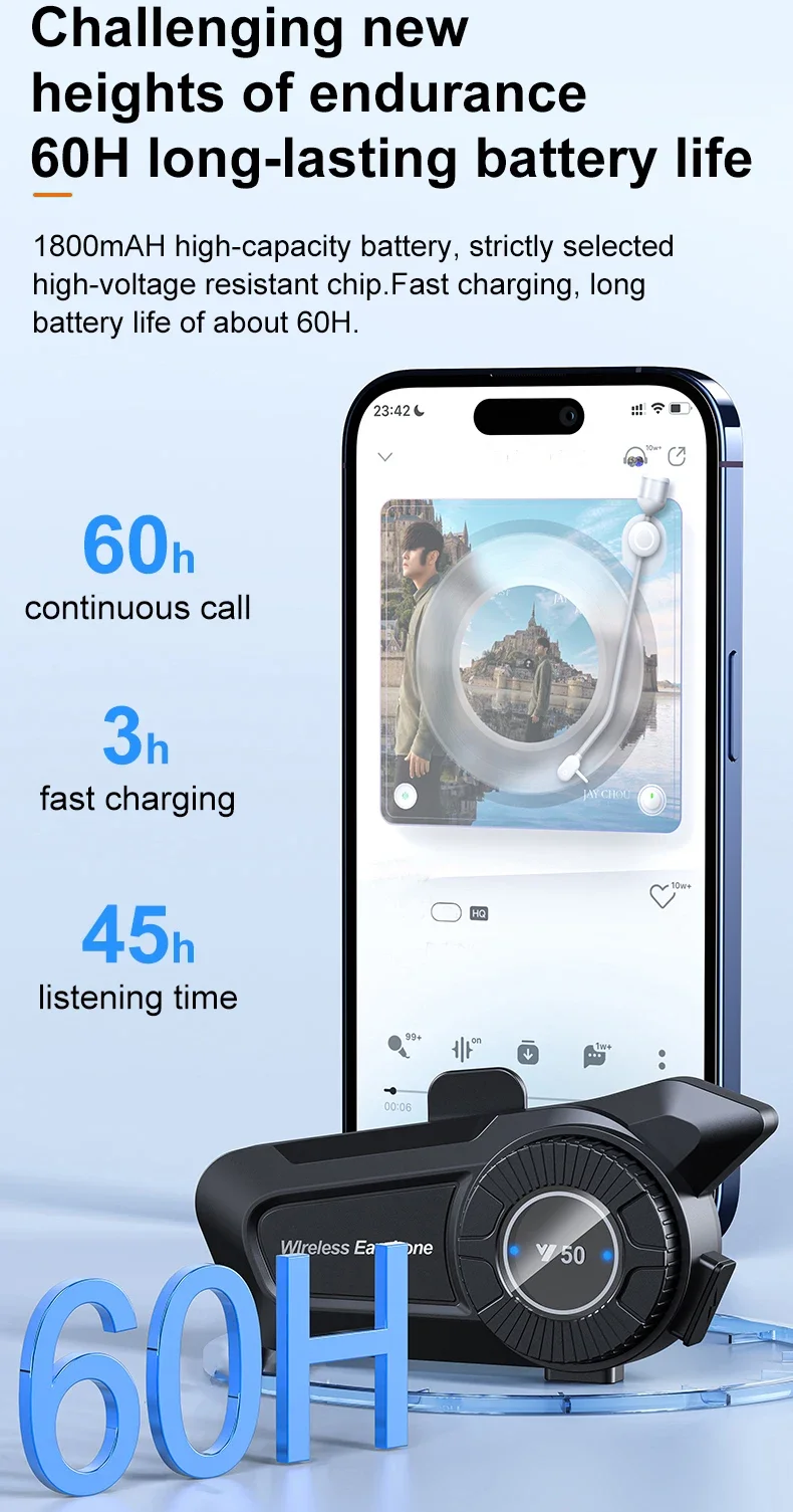 Y50 Motorcycle Helmet Bluetooth Headset Anti-Freezing Music Player Earphone IPX6
