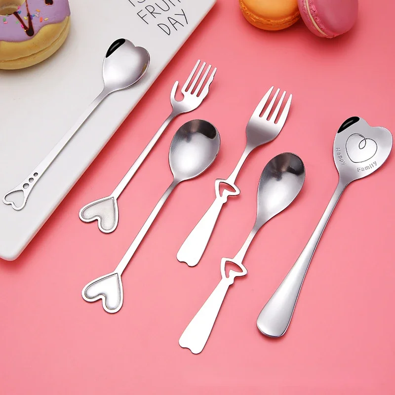 Eco-friendly Stainless Steel Love Forks and Spoon Set Heart Shaped Coffee Spoon Fruit Fork Wedding Dinnerware Set Tableware Gift