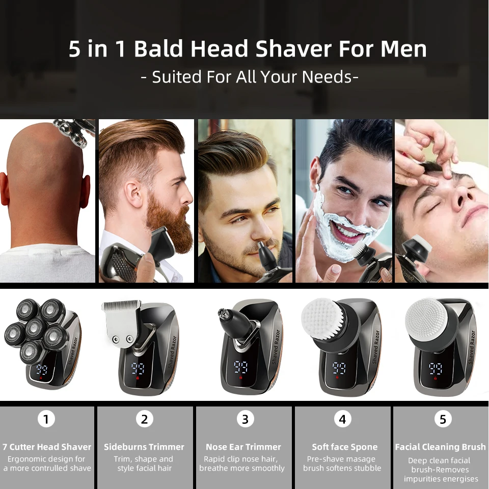 7D Electric Head Shaver for Bald Men High Quality Electric Men's Grooming Kit Cordless Waterproof LCD Head Shavers Rechargeable 2