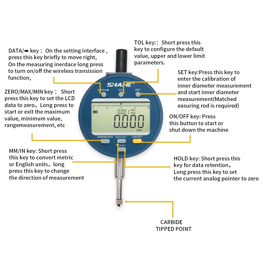 SHAHE Wireless Digital Indicator 5μm Resolution IP54 Electronic Indicator 0-12.7 /25.4/50.8mm With Rechargeable Battery