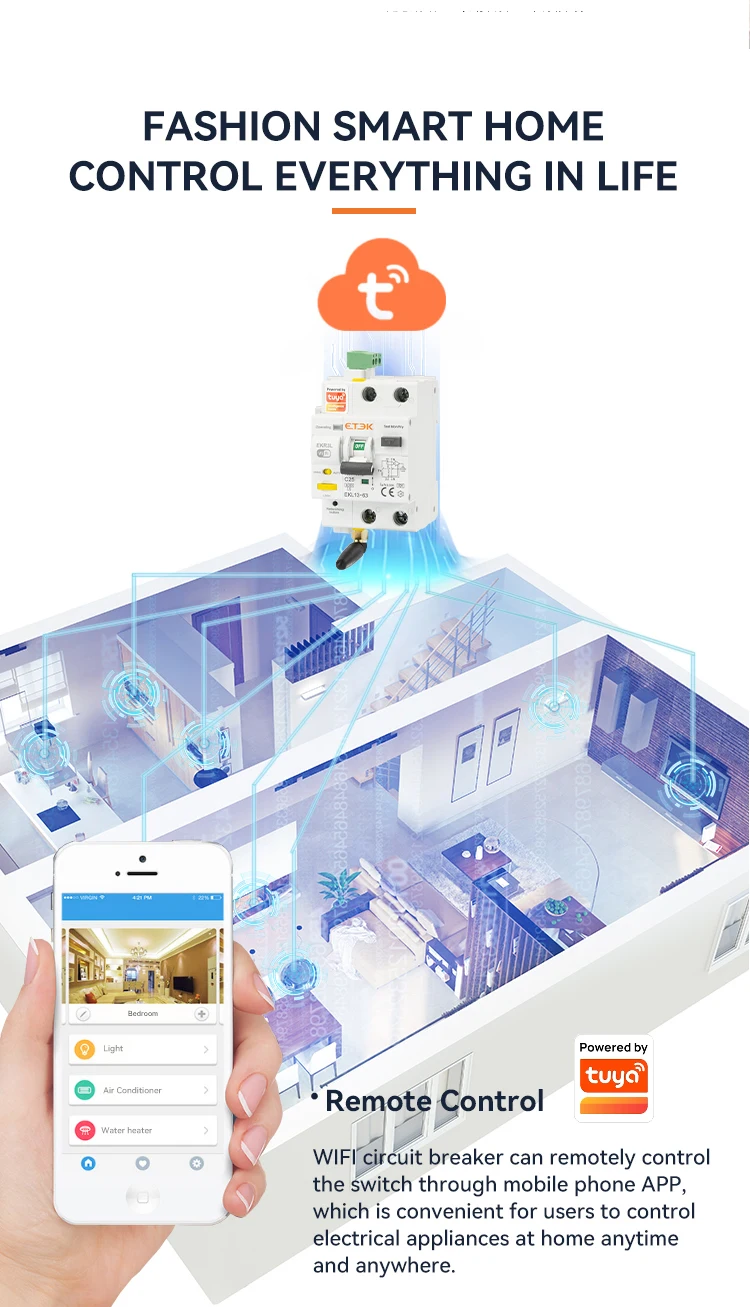 ETEC Tuya WlFl Smart circuit Breaker RCBO Smart Life Remote control short Circui