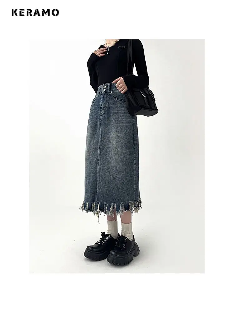 

2023 Summer Women's Vintage Baggy Blue Harajuku Denim Skirt High Waist Y2K Street Style Basic Casual Jeans Tassels Slit Skirt