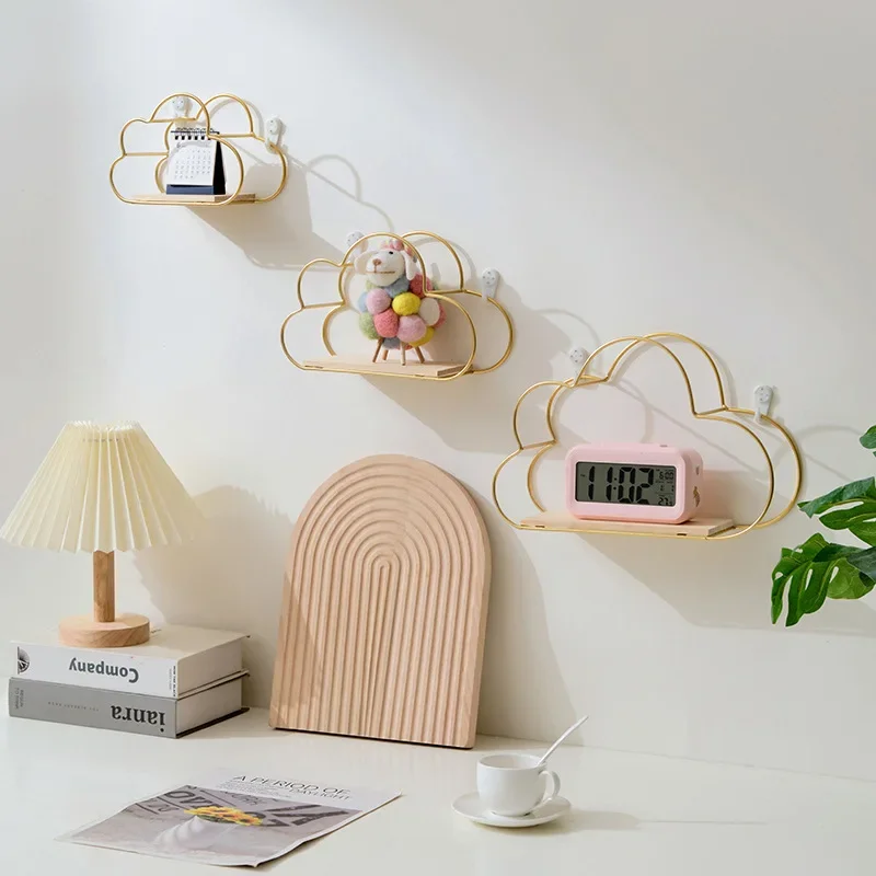 Wooden Wall Shelves Display Stand Creative Cloud Iron Shelving Nordic Style For Children Room