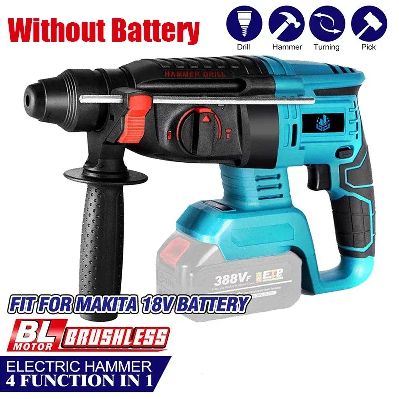 18V Cordless Rotary Hammer Drill 4 Functions Electric Brushless Hammer 27mm Impact Drill Fit for Makita 18V Battery