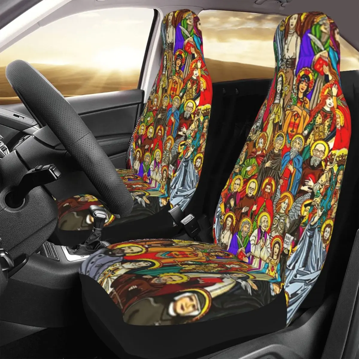 

Чехлы на сиденья автомобиля в виде святых, всех святых, католических святых, Универсальные Передние Защитные аксессуары с принтом на заказ, набор подушек
