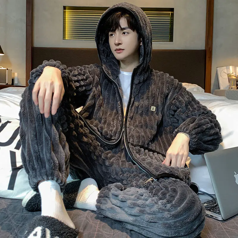 Autumn Winter Men Pajamas Coral Fleece Fleece-lined Thickened Male Nightgown Suit Flannel Hooded Large Size Warm Homewear Sets