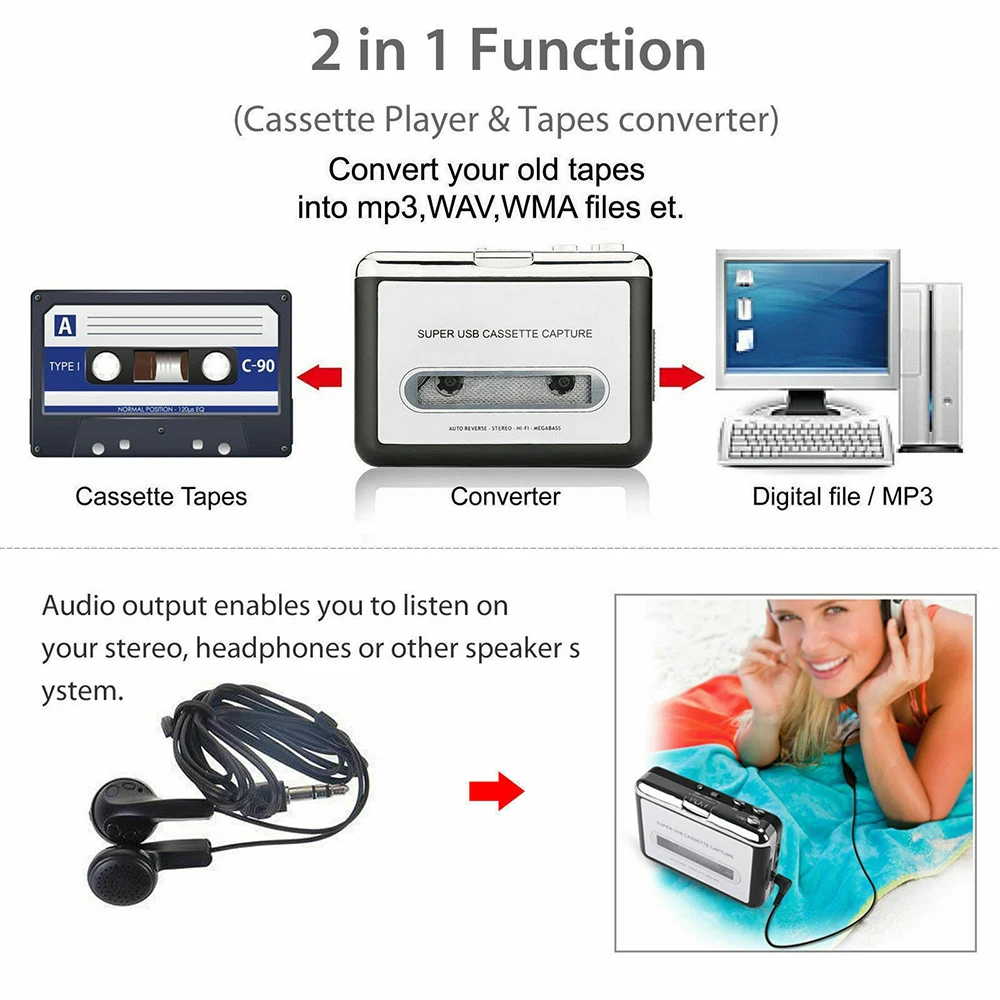 Cassette Player USB Cassette to MP3 Converter Capture Audio Music Player Tape Recorder