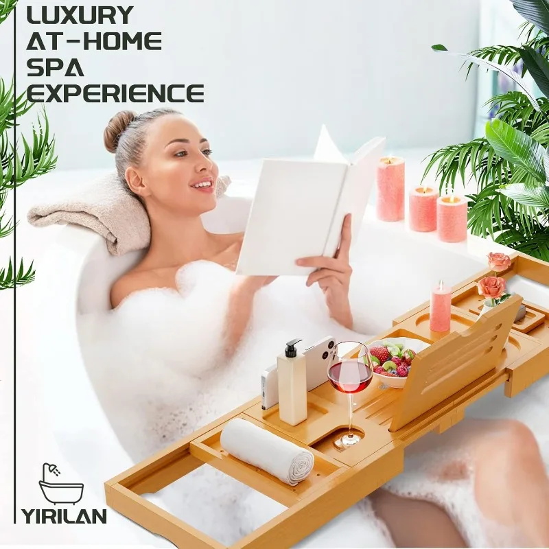 Extendable Sides Bathtub Tray Bamboo Bathtub Caddy with Phone Rack Wine Glass Holder 5