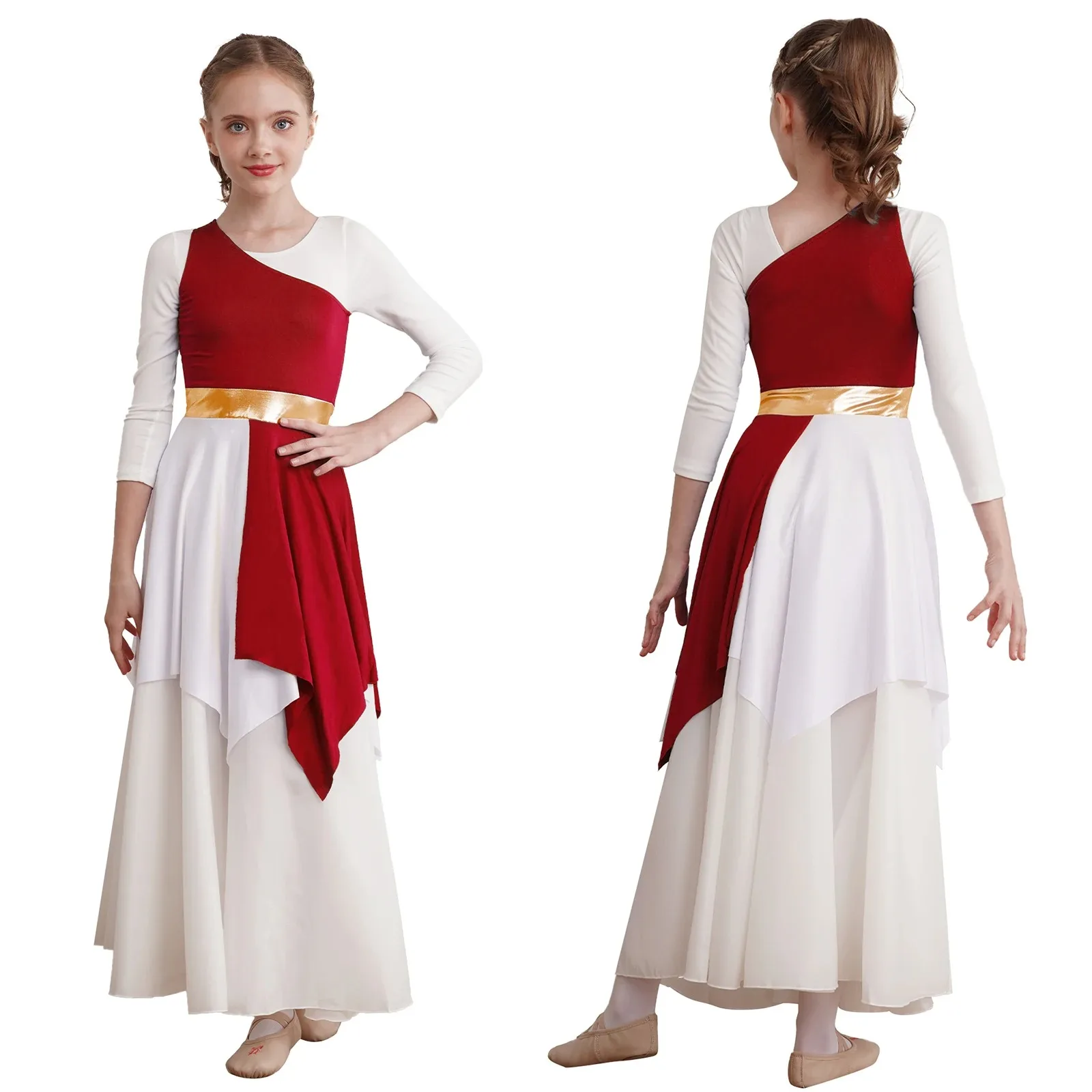 

Kids Girls Praise Liturgical Dance Dress Contemporary Lyrical Dance Costumes Sleeveless Single Shoulder Tunic Dance Dresses