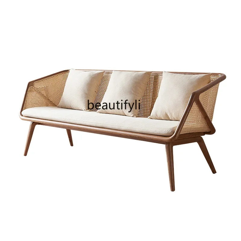 

Solid Wood Rattan Fabric Sofa Double Three-Seat Straight Row Living Room Small Apartment Simple Modern B & B