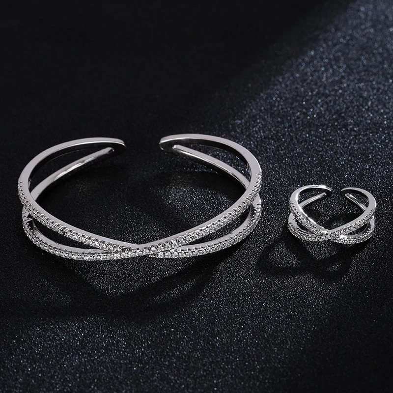 

Fashion Lady Double-Row Cross Bracelets Ring Set AAA ZIRCON HIGH-QUALITY GIFT Party Wedding Accessories