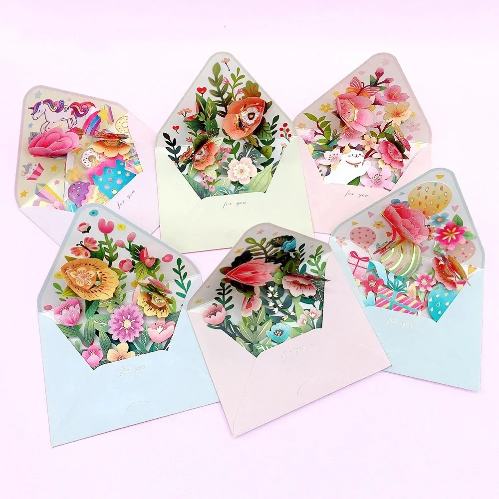 3D Pop-up Birthday Christmas Card Paper Romantic Flower Greeting Cards Valentines Gifts with Envelope Flowers Postcard