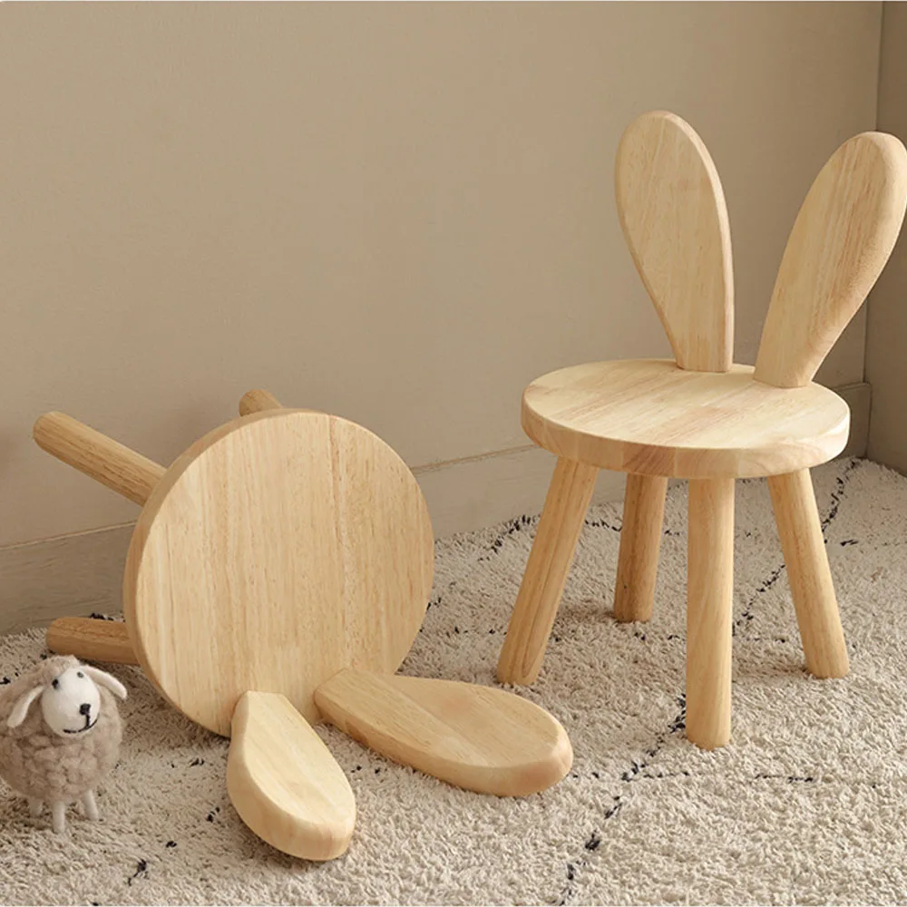 Household Solid Wood Stool Shoe Changing Stool Children's Backrest Chair Wooden Cute Rabbit Ear Bench Small Coffee Table Deco