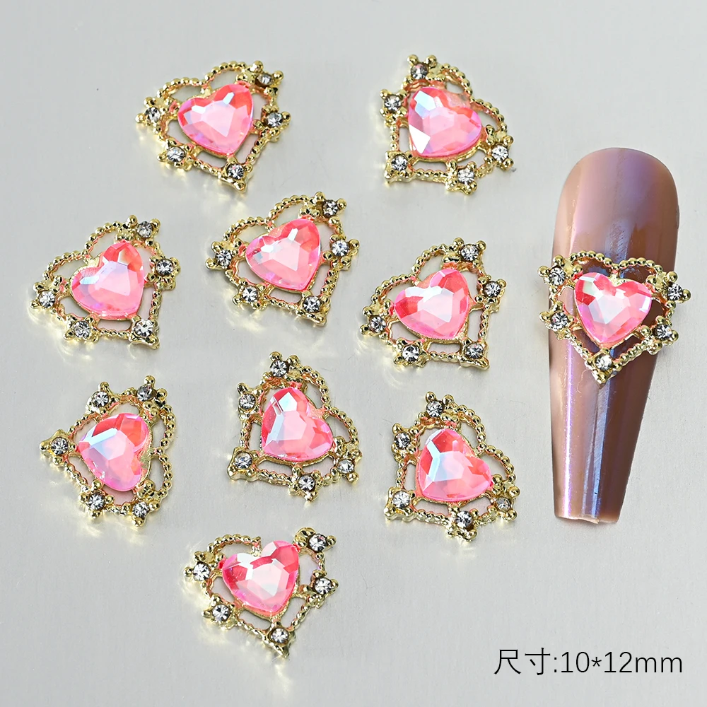 

10Pcs Aurora Love-Heart Nail Art Rhinestone 12x10mm Hollow Alloy Salior Heart 3D Nail Charms New Arrived Peach Heart Crystal