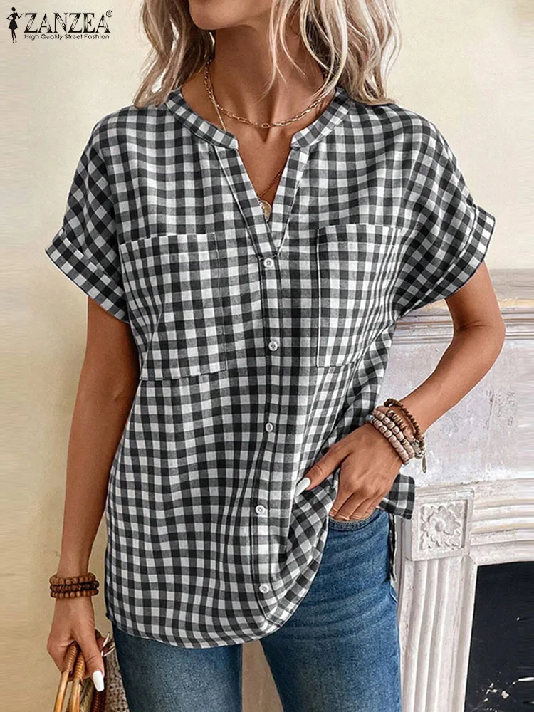 

ZANZEA Summer Vintage Checked Blouse Women Short Sleeve Grid Printed Shirt Casual V Neck Blusas Bohemain Work Holiday Tops 2024