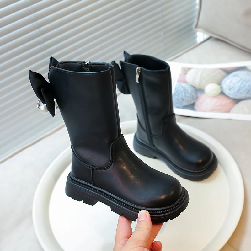 Leather Kids Boots with Big Bow for Autumn