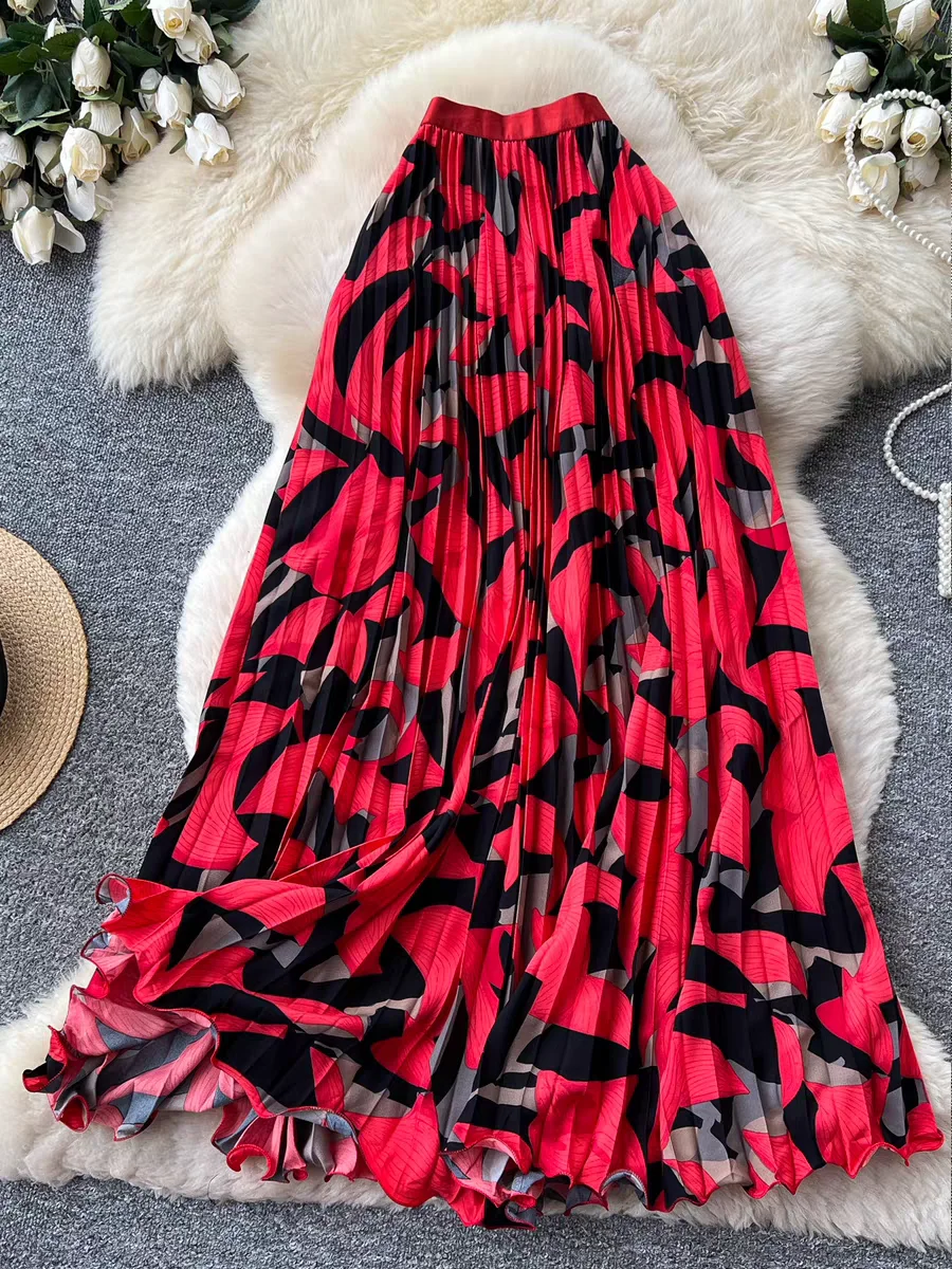 Women's Korean High Waist A-Line Pleated Skirt, Summer Casual Office Maxi Skirt with Flared Hem, Slimming & Hip-Hiding Design