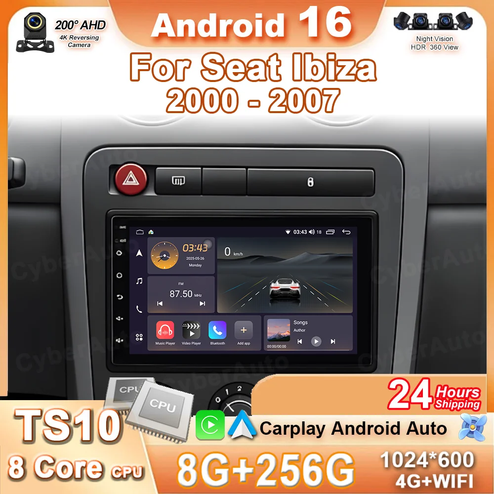 Radio para Auto de 7 Pulgadas para Seat Ibiza 2000-2007, Carplay Inalámbrico, Android 16, Google Maps, Unidad Principal, Cámara Trasera, Sin 2 DIN DVD, 4G, DSP, BT 1