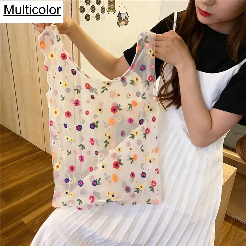 Fashion Flower Eco Mesh Handbags Shopping Tote Embroidery HandBag Transparent