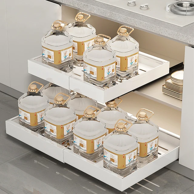 ครัวเรือนโลหะสีขาวปรับดึงตู้ครัว Mesa สไลด์เครื่องเทศบนโต๊ะอาหารลิ้นชักองค์กรตะกร้า 5