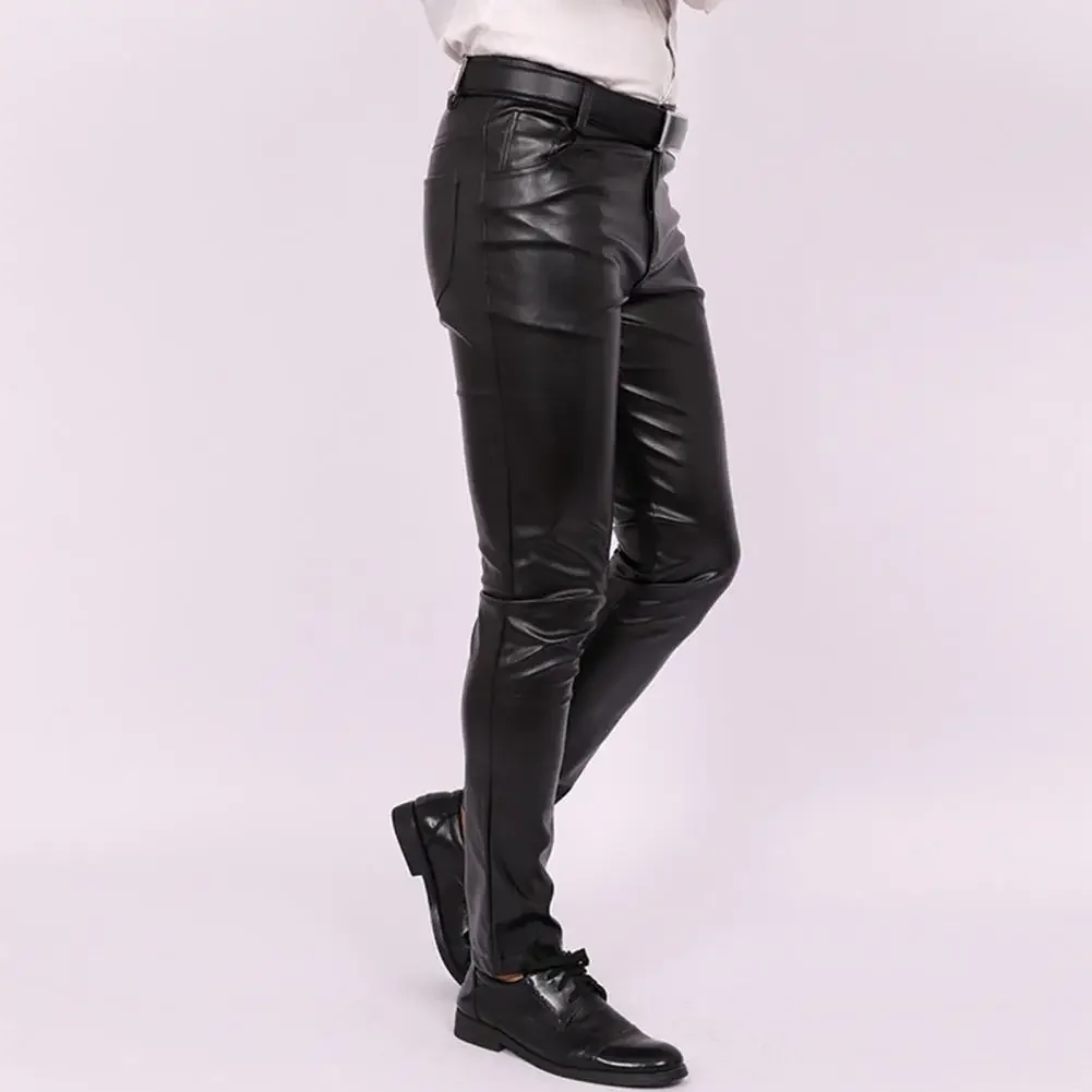 Men Faux Leather Pants Stylish Men's Faux Leather Pants Slim Fit Motorcycle Style Trousers with Pockets for Daily Wear Club