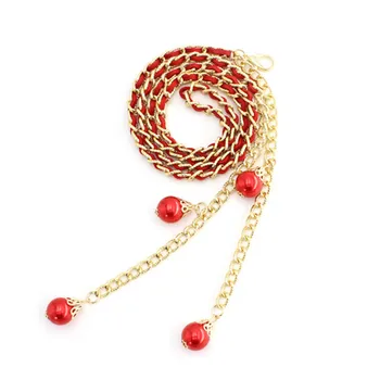 Elegant Pearl Thin Belts For Women Long Pearls Chain Metal Hook Dress Belts Summer Waistband Adjustable Elastic Belts 120*0.8cm 6