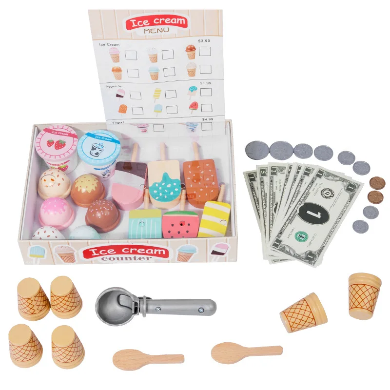 Wooden Ice Cream Toys for Toddler, Play Store Pretend Food Kitchen Accessories with Scoop & Menu & Toy Cash,Christmas Gift