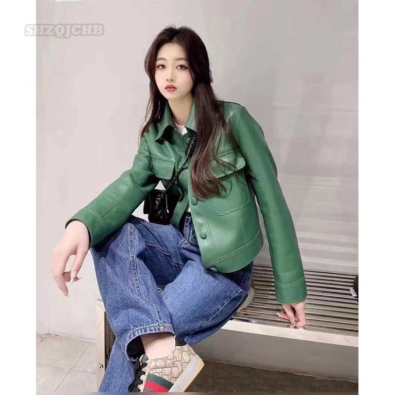 Spring New Pocket Casual Leather Clothes Women's Single Breasted Square  Neck Loose Short Jacket Sheep Skin Women's Leather Coat