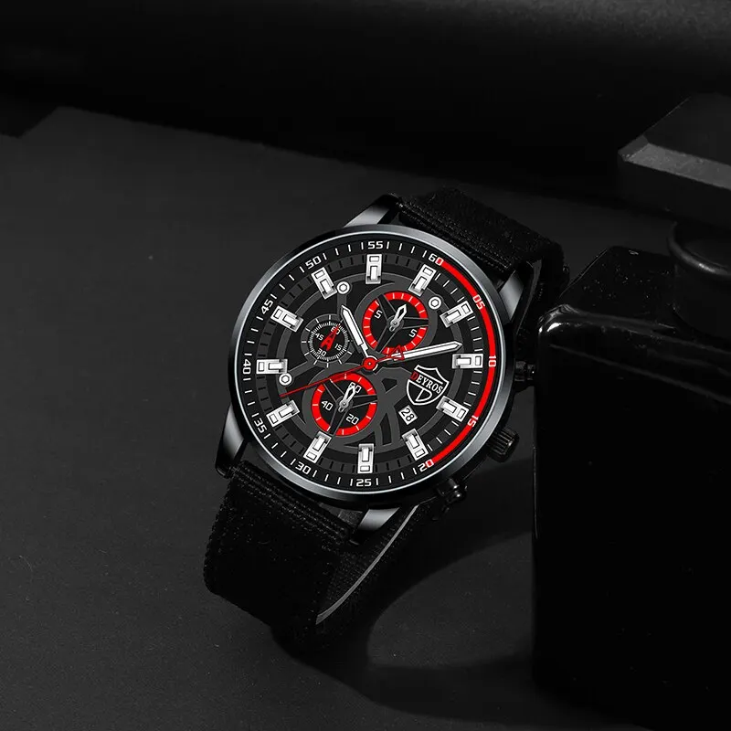 3PCS Set Mens Watches Necklace Bracelet Nylon Quartz Watch Male Business Casual Wrist Watch Fashion Simple