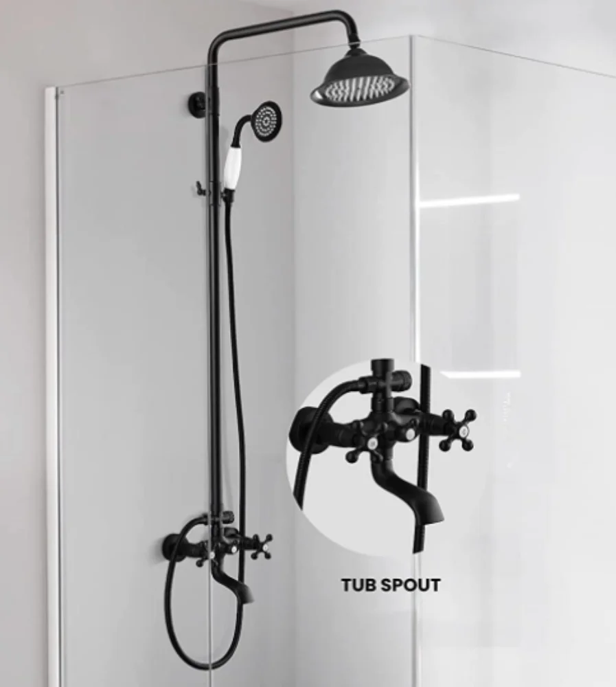 Matte Black Shower Faucet 8 Inch Rainfall Shower Head Set with Tub Spout Bathroom System Wall Mount