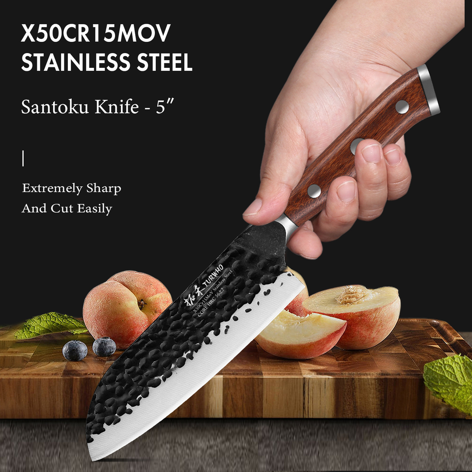 TURWHO 5-inch  Japanese Santoku Knife X50Cr15MoV Stainless Steel Kitchen Utility Chef Knife Pro Cutting Meat Fruit Cooking Tools