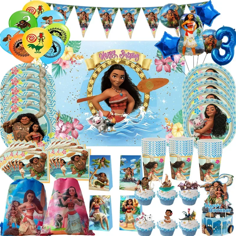 Moana Theme Cartoon Party Tableware Set Cup Balloon Plate Napkin Candy Box Banner Flag Kid's Birthday Party Decorations Supplies party supplies birthday party supplies birthday tableware set disposable napkins