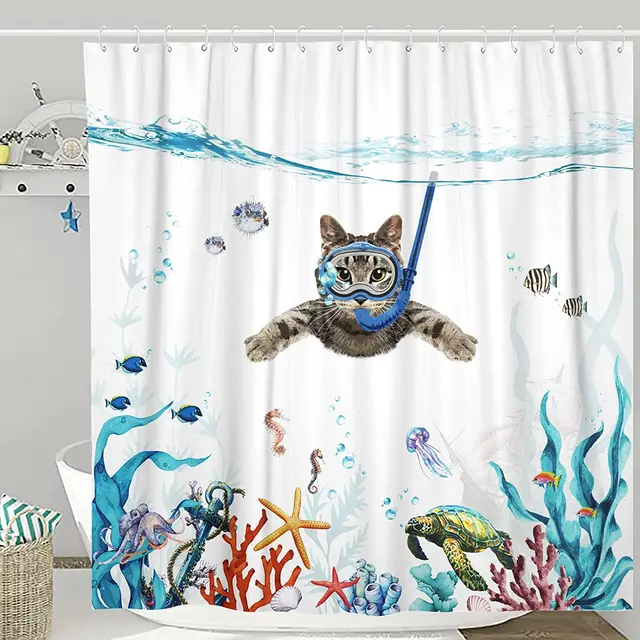 Funny Diving Dog Cat Shower Curtain
