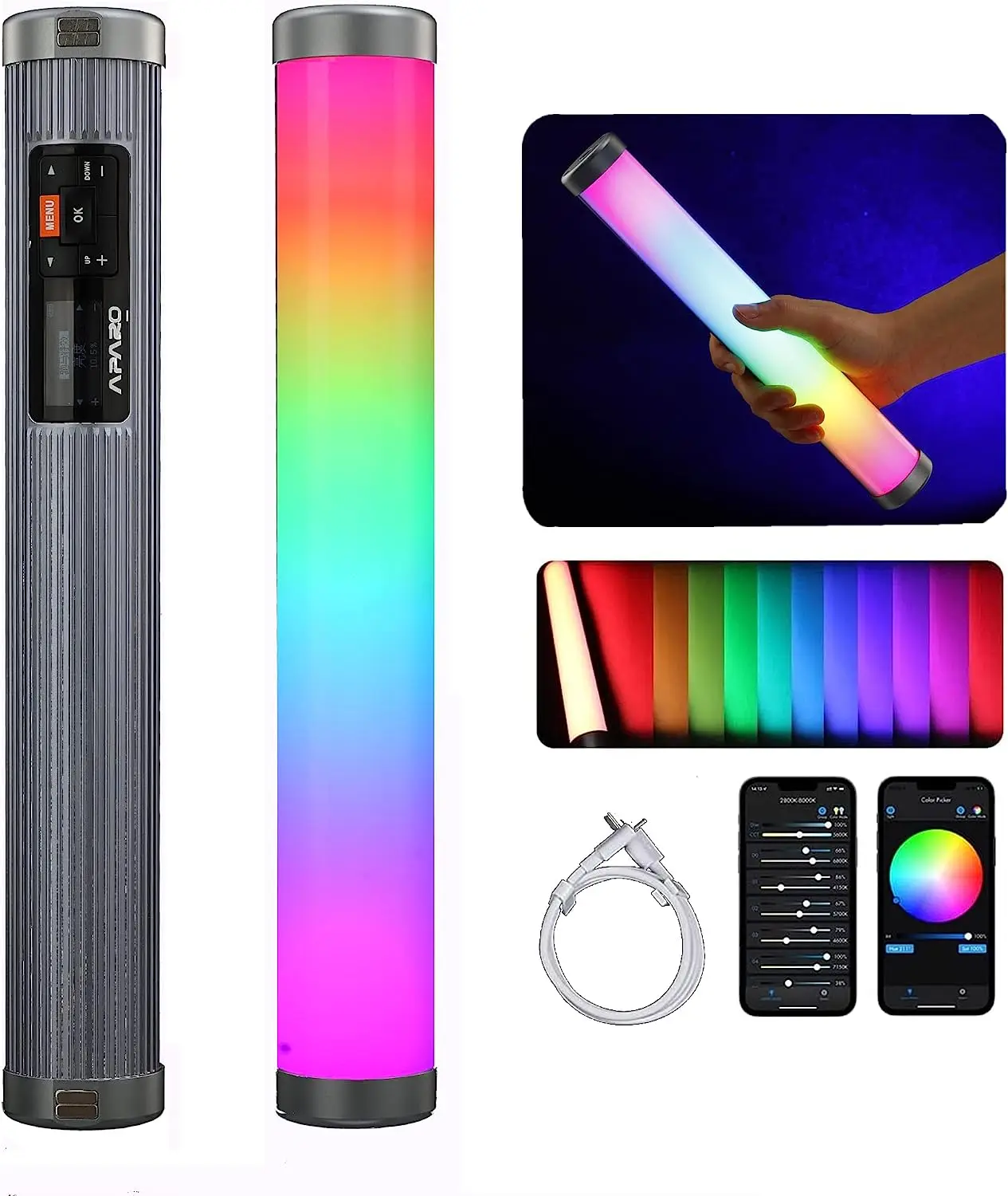 Aparo Meteor 30 RGB 핸드헬드 라이트 스틱, 풀 컬러 픽셀 튜브 LED 라이트 지팡이, 2500-20000K 사진 라이트 스틱, 앱 제어