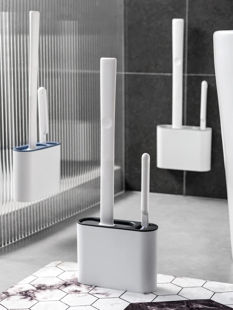 Description Picture 3 of item2PCS/set Toilet Brush Water Leak Proof with Base Silicone Wc Flat Head Flexible Soft Bristles Brush with Quick Drying Holder