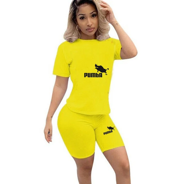 Summer Women Short Sleeve O-Neck Tee Tops+Pencil Shorts Suits Two Piece Set Tracksuits Outfit Graphic t shirts Ropa De Mujer yellow