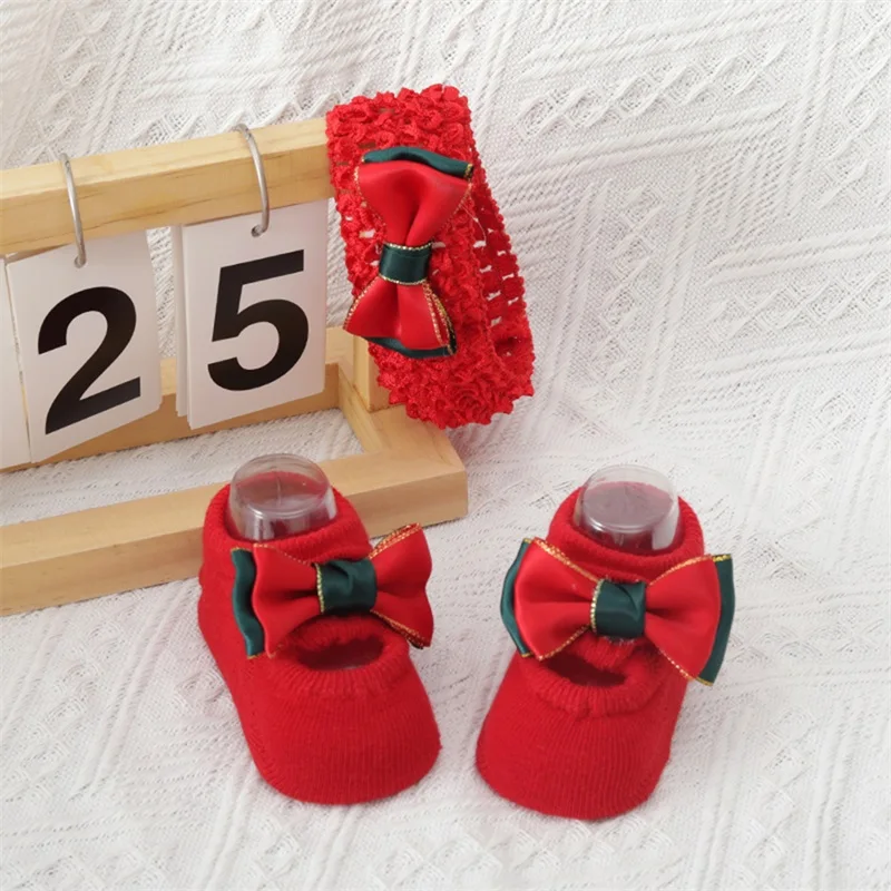 Adorable Christmas Baby Girl Non-Slip Socks with Grips and 3D Bow Design Cozy Warm Floor Crawling Socks with Matching Headband