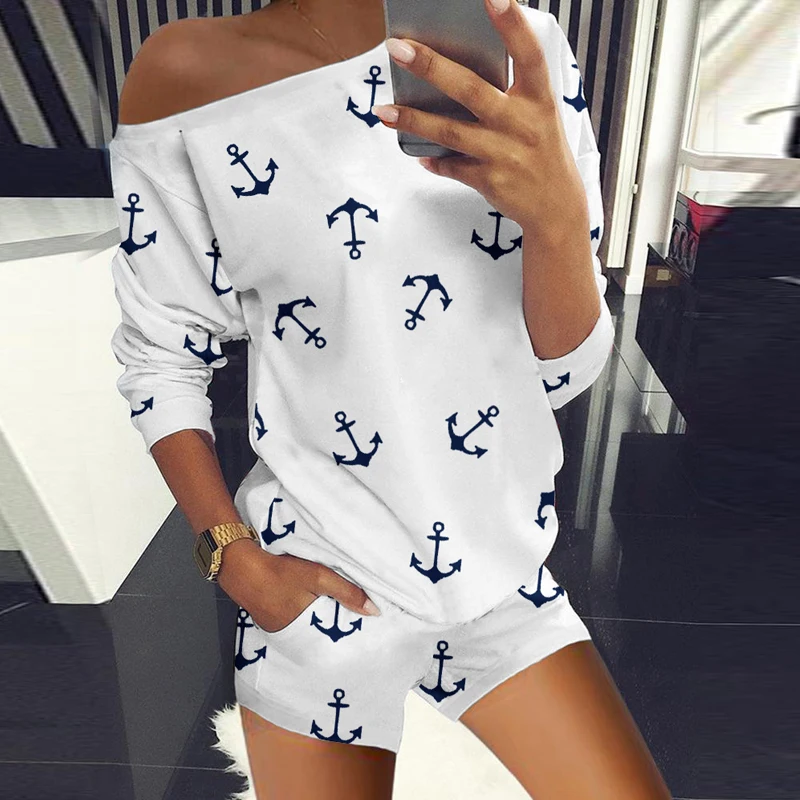 suit shorts  t-shirts women two-piece Hot style women's clothing collar  Boat Anchor printing long sleeve shirt female women