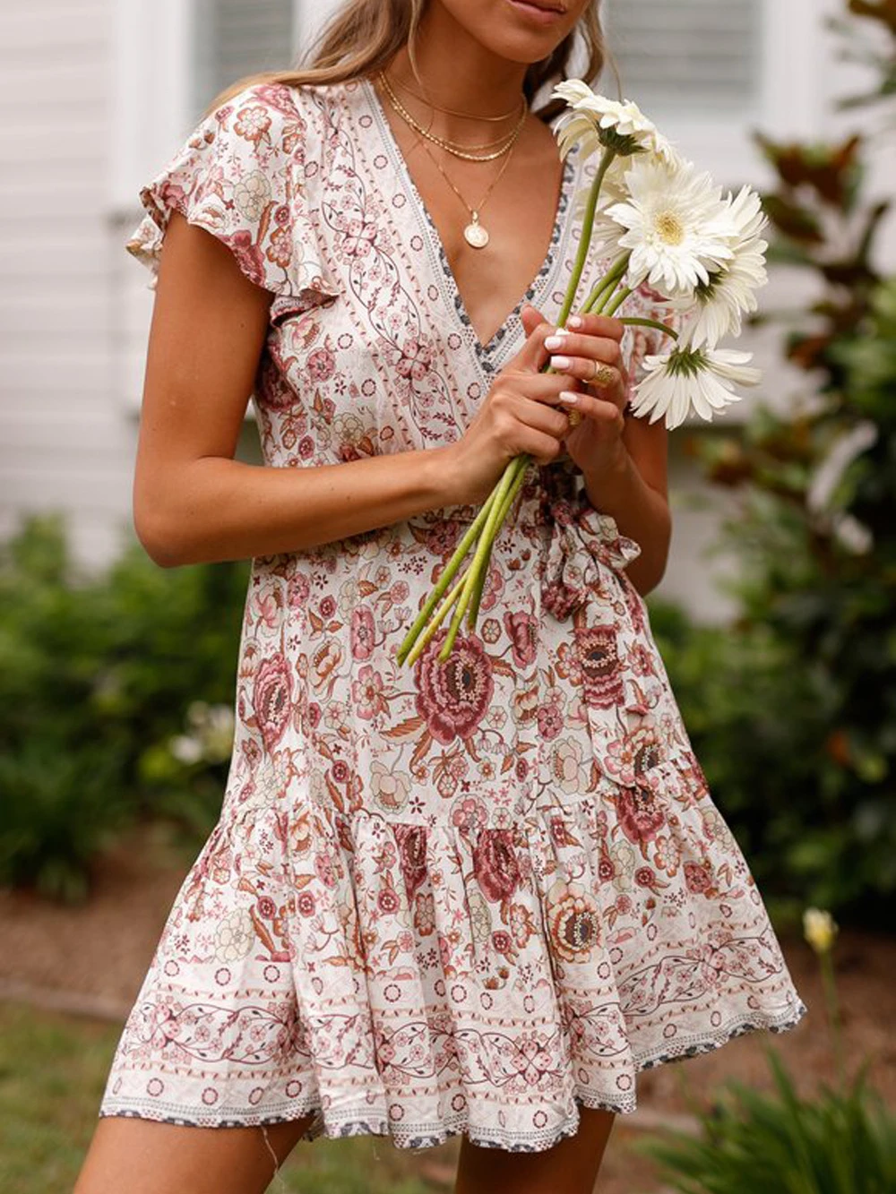 Vestido corto bohemio con estampado Floral Hippie para mujer