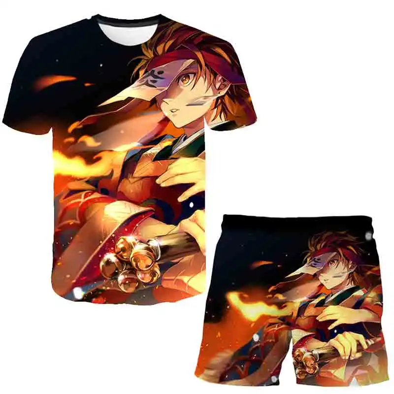 

Kids Birthday Presents Demon Slayer Outfits Summer Short Sleeves Cartoon Printing Tee Shirts Short Pants 2Pcs/Sets Casual Suits