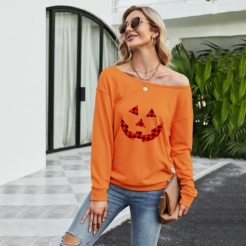 Women Wild Casual Long Sleeve Halloween Printed Tops Sexy Oblique Collar Sweatshirt 2021 Fall Winter New Loose Fashion Pullover