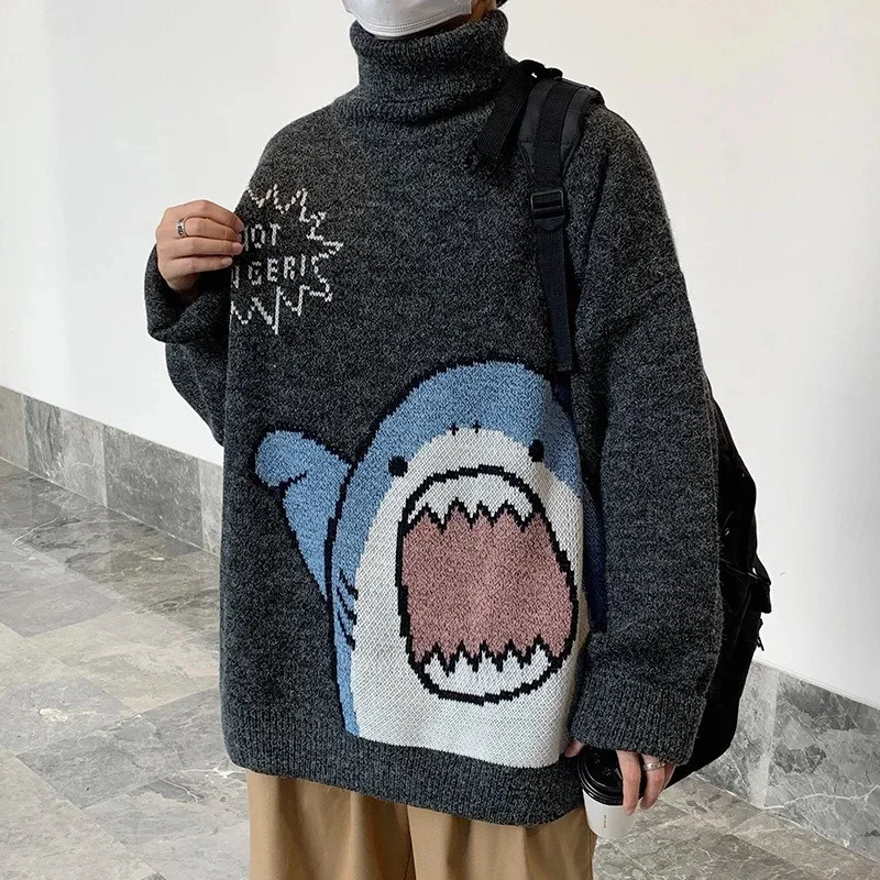 

Men Turtlenecks Shark Sweater Men 2020 Winter Patchwor Harajuku Korean Style High Neck Oversized Grey Turtleneck for Men