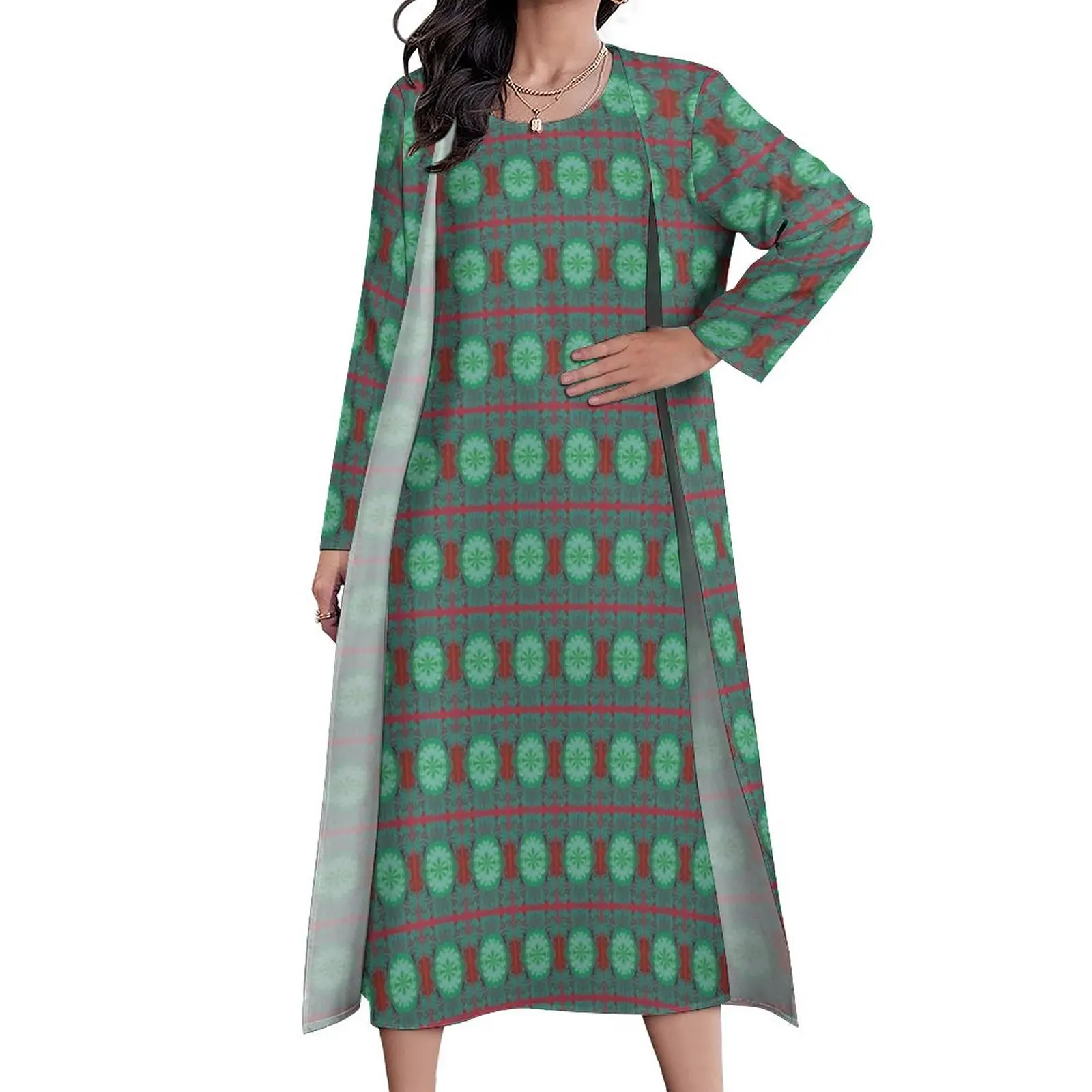 

Retro Bohemia Dress Green Mandala Print Vintage Maxi Dress Aesthetic Bohemia Long Dresses Women 2 Piece Design Oversize Clothes