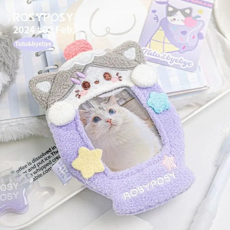 MINKYS Kawaii Fluffy Cat Puppy 3 inch Kpop Photocard Holder Photo Card Holder Bag Pendant School Stationery 3