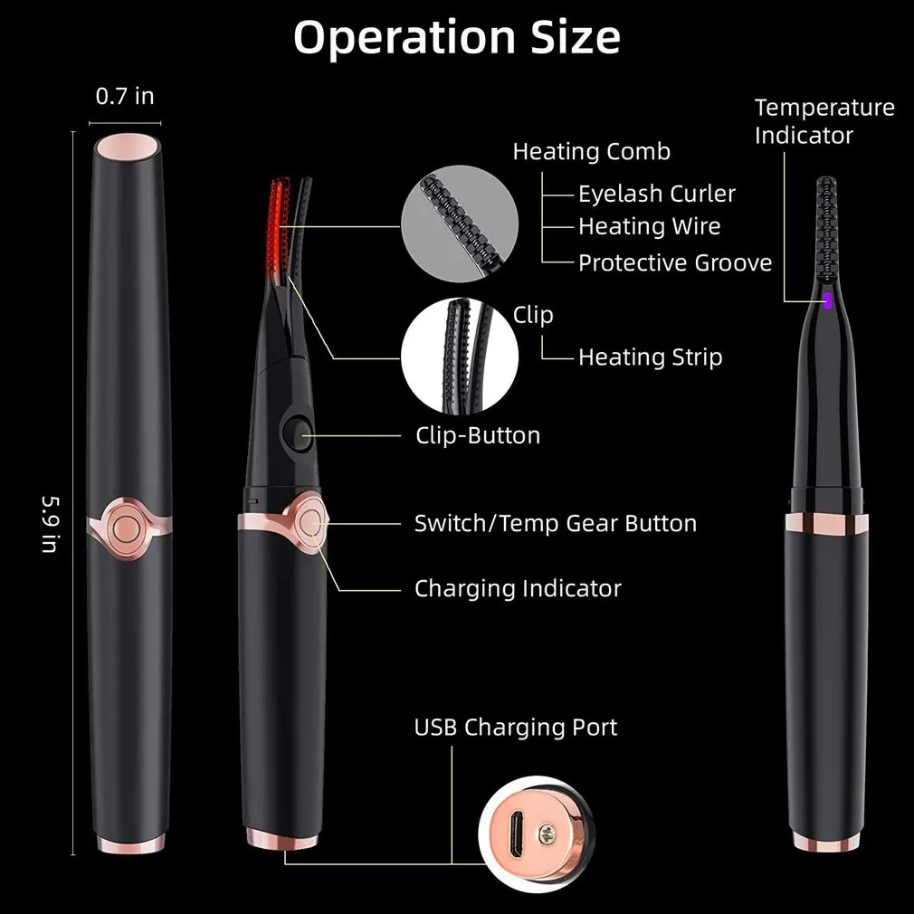 Mini Clip-Type USB Rechargeable Electric Heated Eyelash Curler 3 Temperature Modes 48 Hours Long Lasting Women Eye Makeup Tool