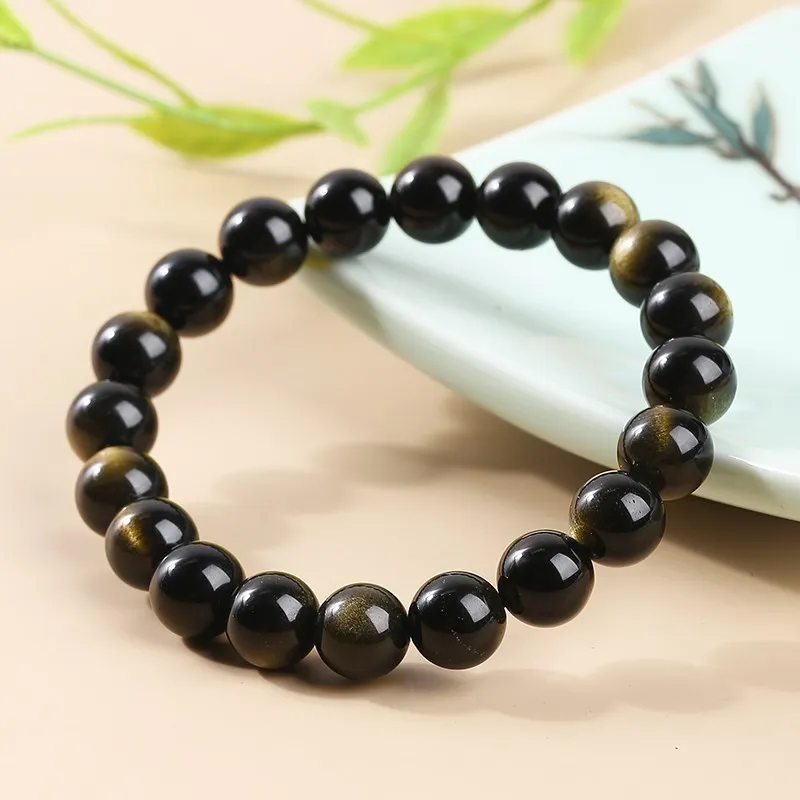 JD Natural Stone Gold Color Obsidian Irisation Bead Bracelet Women Men Charm Health Protect Healing Energy Bangles Yoga Jewelry charm bracelet,obsidian bracelet,chakra beads bracelet
