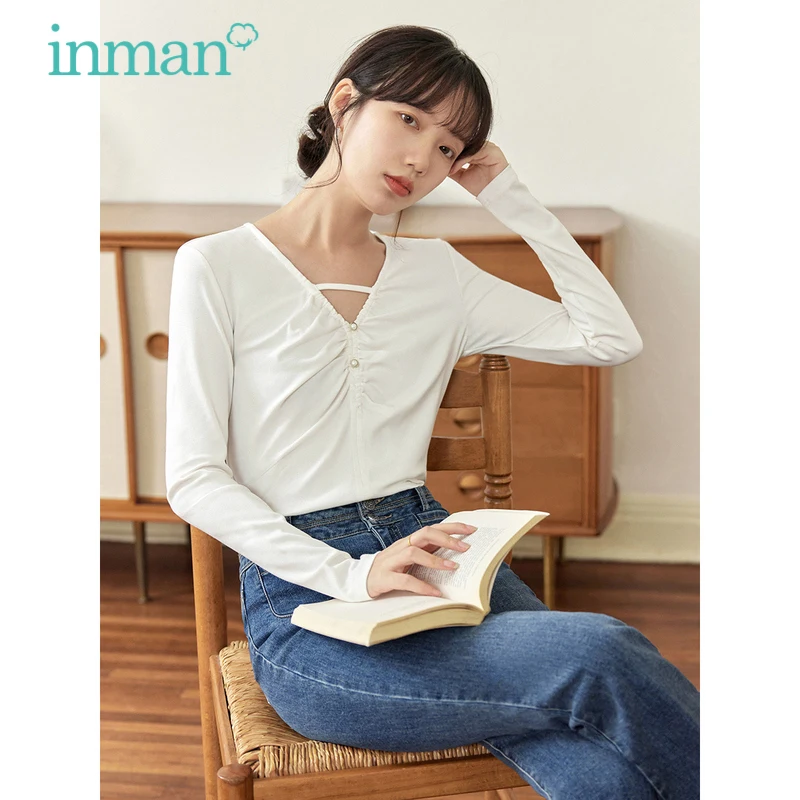 inman-women-tees-2023-autumn-long-sleeve-v-neck-slim-fit-undershirt-pleated-design-french-elegance-white-blue-tops